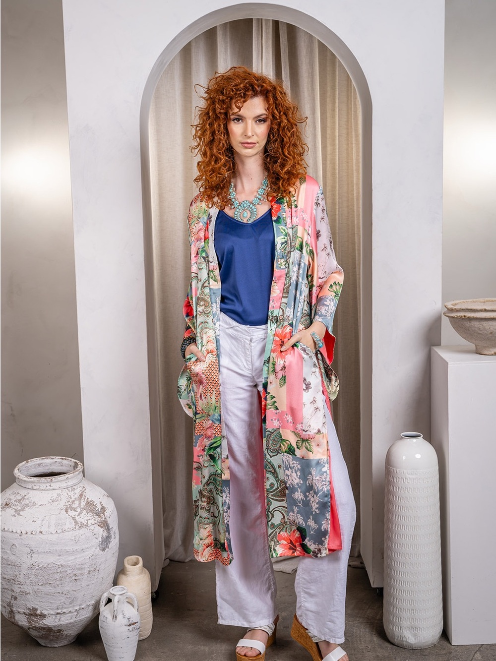 Floral Patchwork Satin Kimono Robe in Pink and Coral